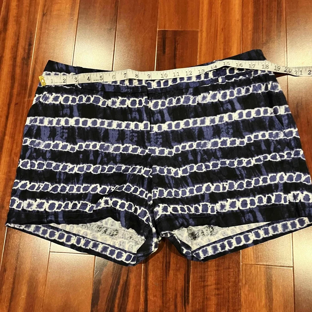 J Crew Blue White Shorts Linen Cotton Tie Dye Geo Pattern Zip Hook Closure Sz 12